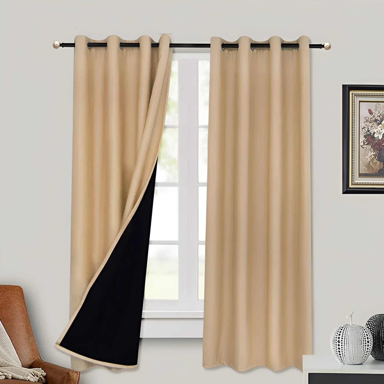 Full blackout polyester curtain with black lining, perforated top, beige colour, lying flat on surface