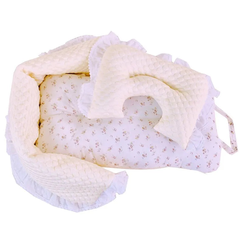 Pure cotton pet stroller three-piece set showing removable anti-dirty towel, cushion, and pillow in a floral pattern.