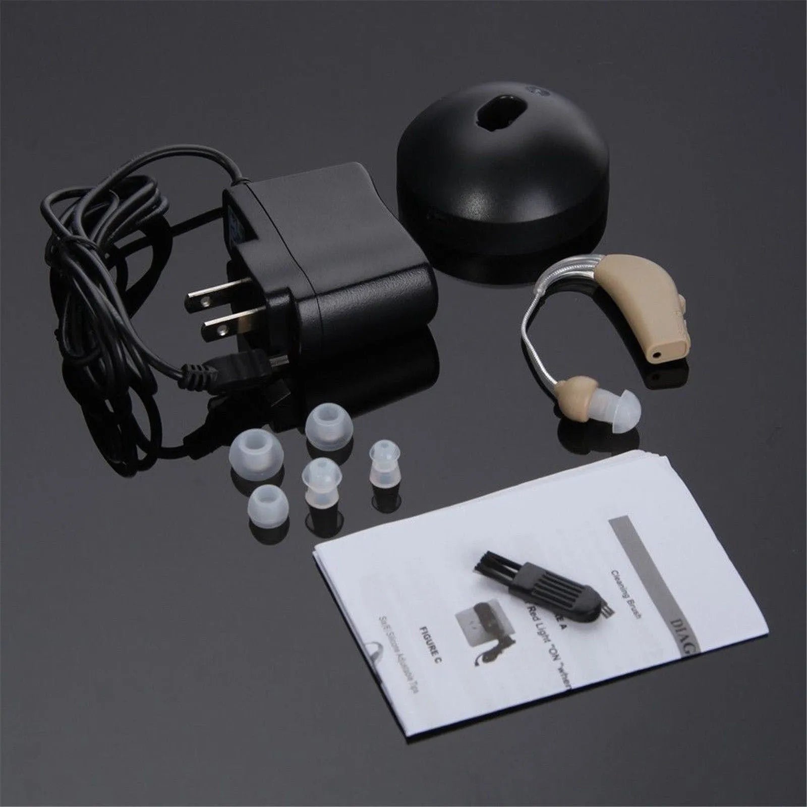 Rechargeable behind-the-ear digital hearing aid amplifier in skin-tone plastic.