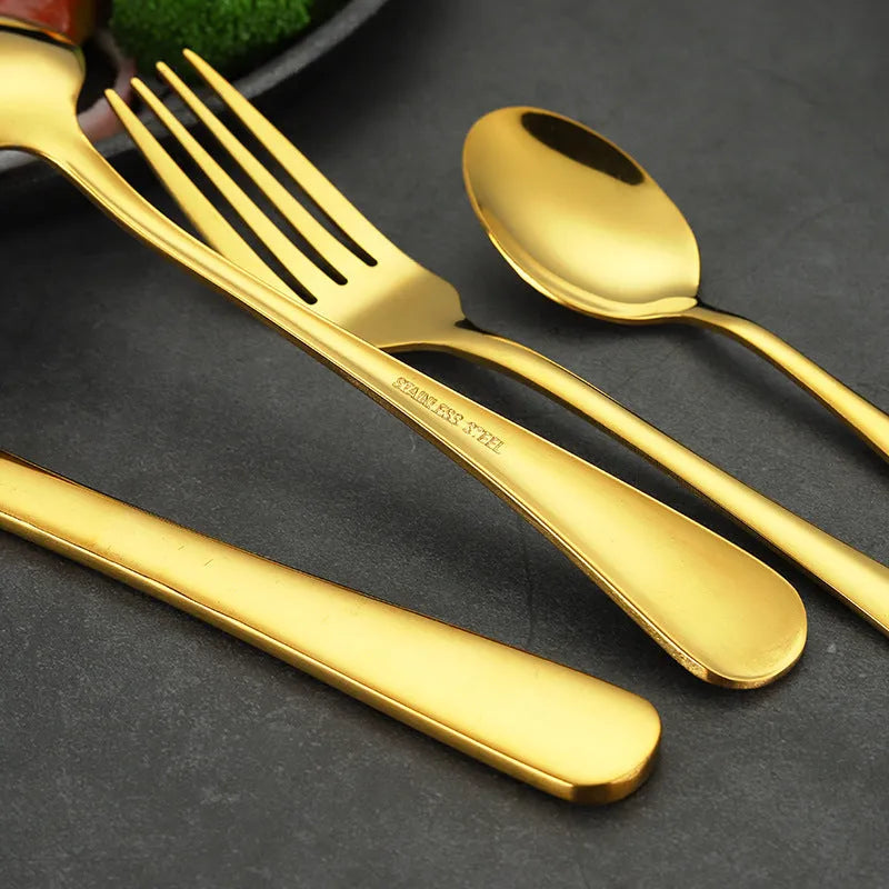 24-piece stainless steel cutlery set showing table knives, forks, and spoons in a gold colour option.
