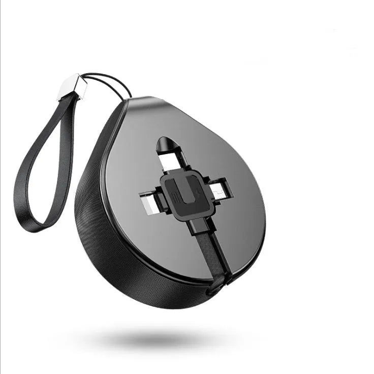 Telescopic USB charging cable with three-in-one split connector showing Lightning, USB-C and Micro-USB ports