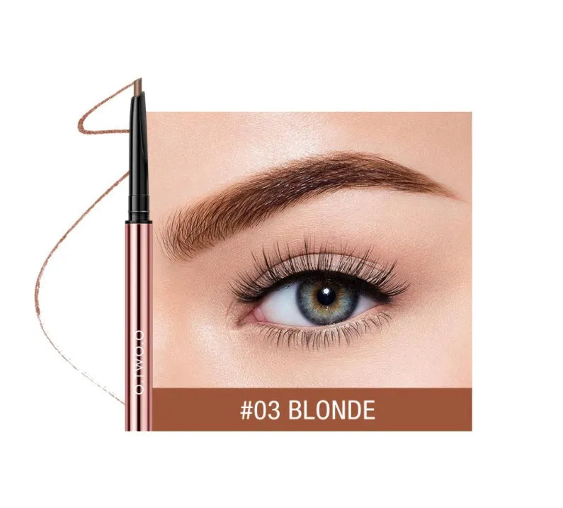 Eyebrow make-up pencil in colour box with six shade options including auburn and taupe.