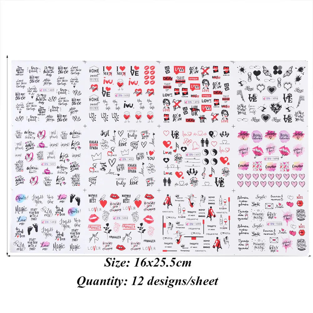 Love lip print letter nail sticker sheet measuring 16x25.5cm with black and red kiss designs