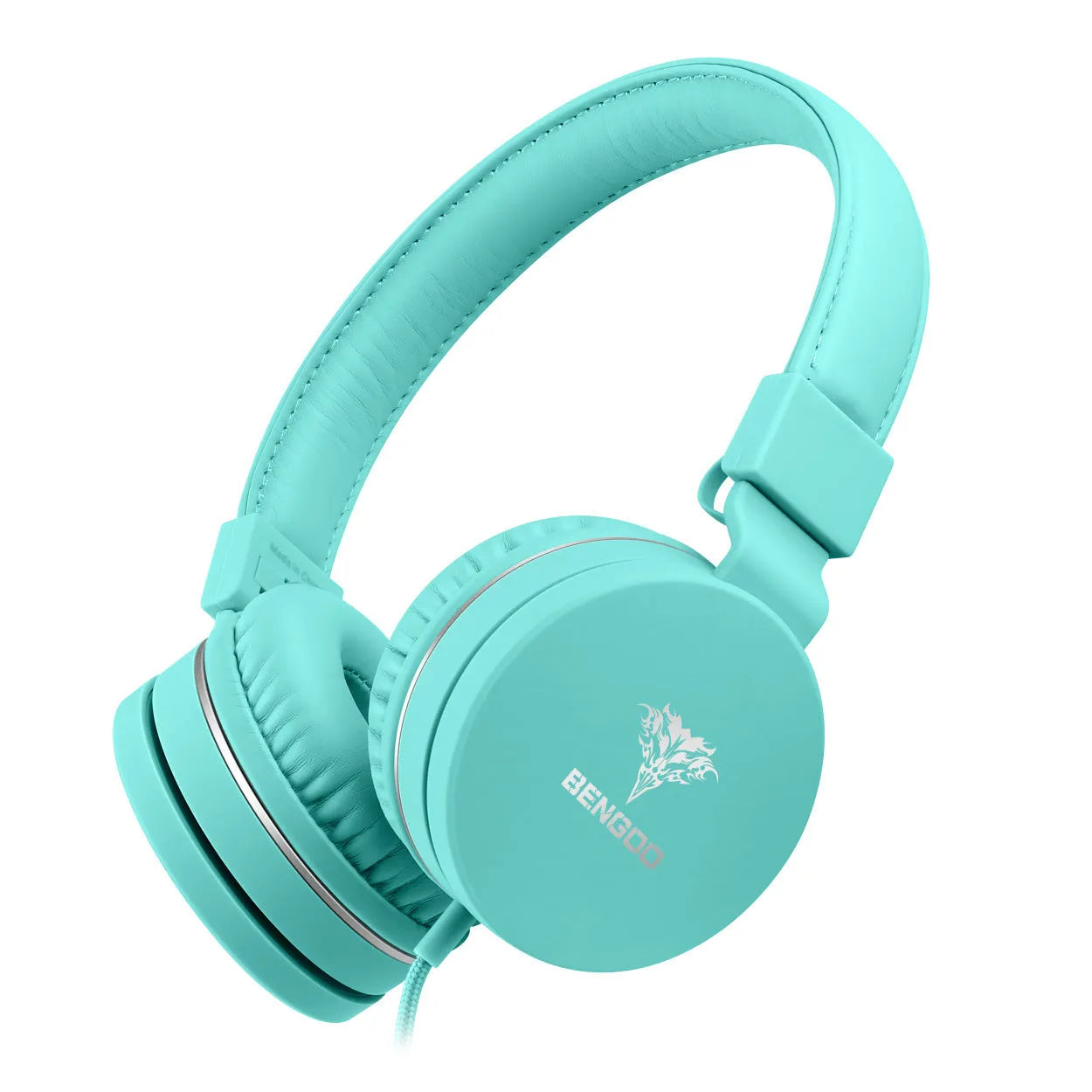 Bengoo C30 over-ear wired headphones with microphone in mint green, showing braided cable and protein ear cushions.