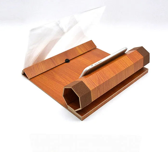 Wood grain cell phone amplifier with acrylic lens showing black walnut finish