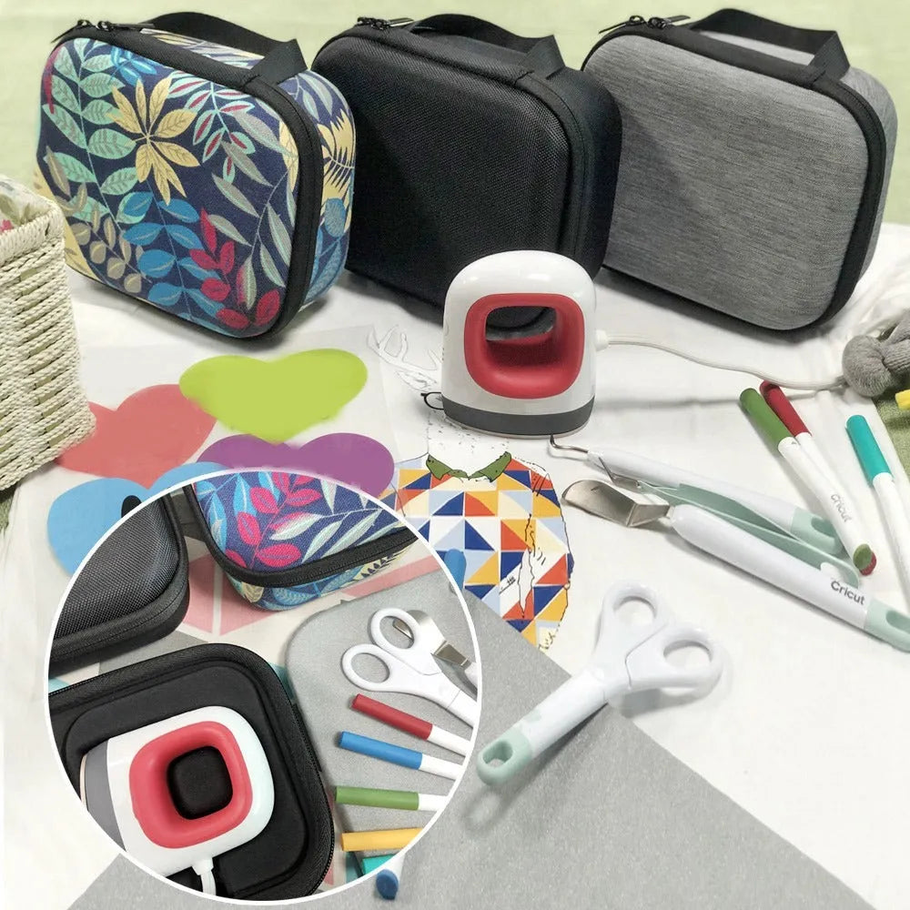 Black hard EVA storage bag for Cricut Easy Press Mini heat press machine and charging base with carrying handle
