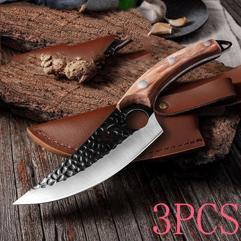 Butcher knife set with small curved scimitar and boning knife in leather sheath