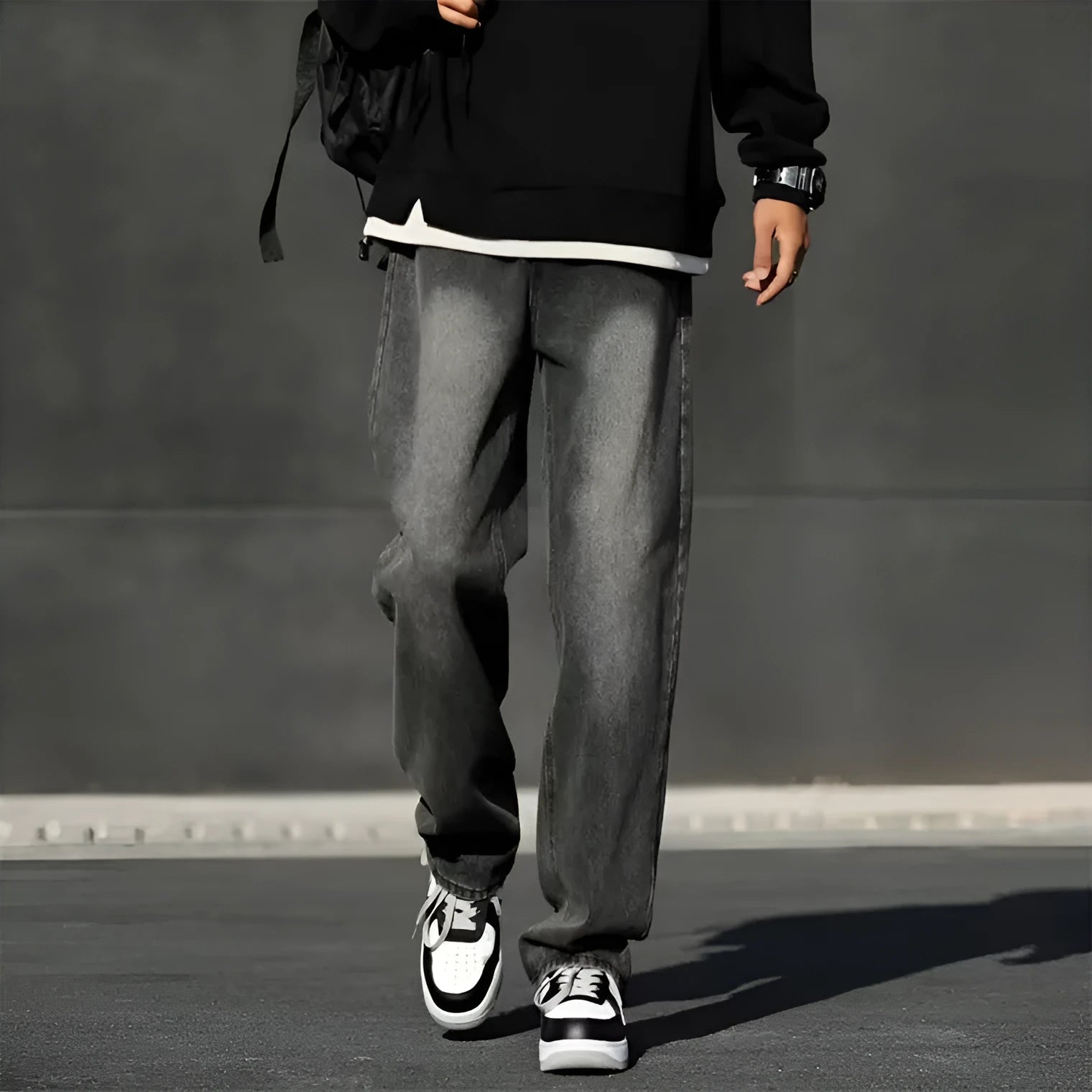 Men's smoky black jeans with wool lining standard gray colour polyester fabric youth style