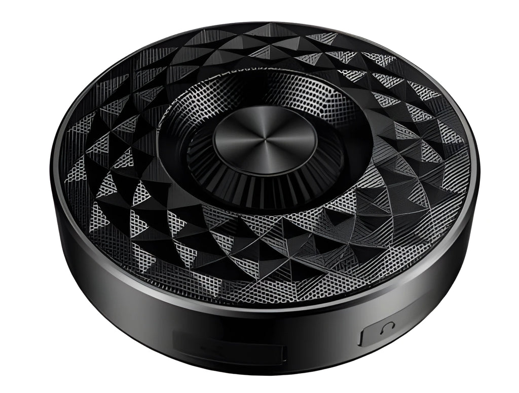 Compact black, orange, and silvery white Bluetooth wireless sound box speaker on a surface.