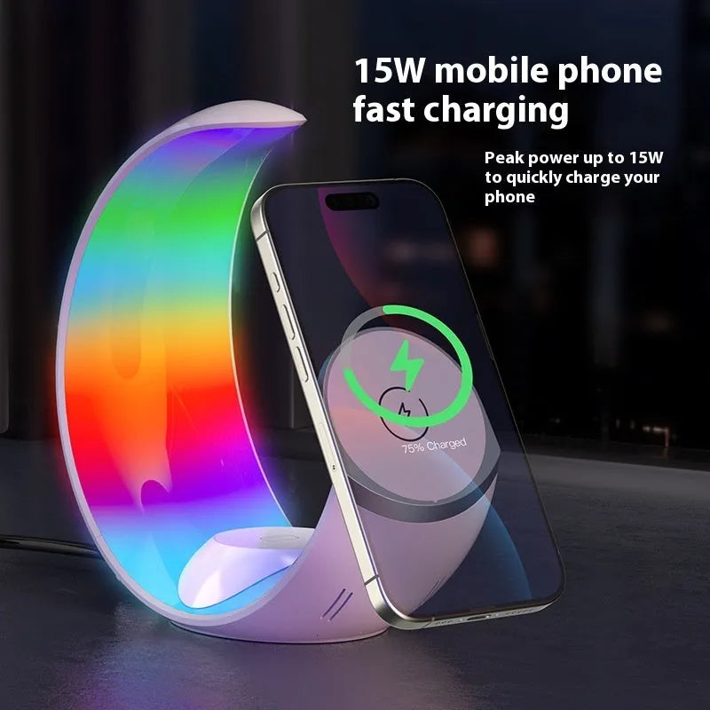 White wireless ambience light charger with Type-C connection showing bedside placement