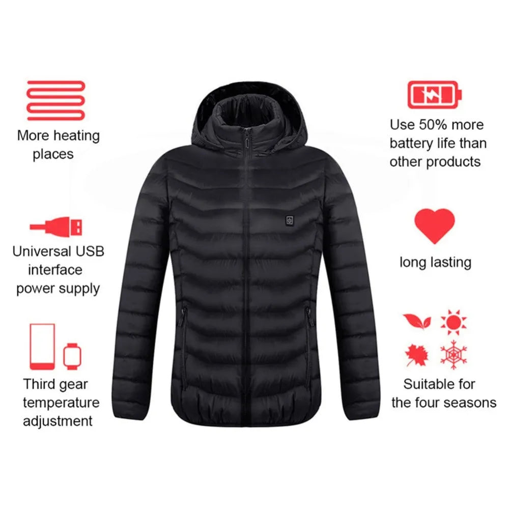 Black USB heated jacket with removable hood on a model showing front view and elastic cuffs