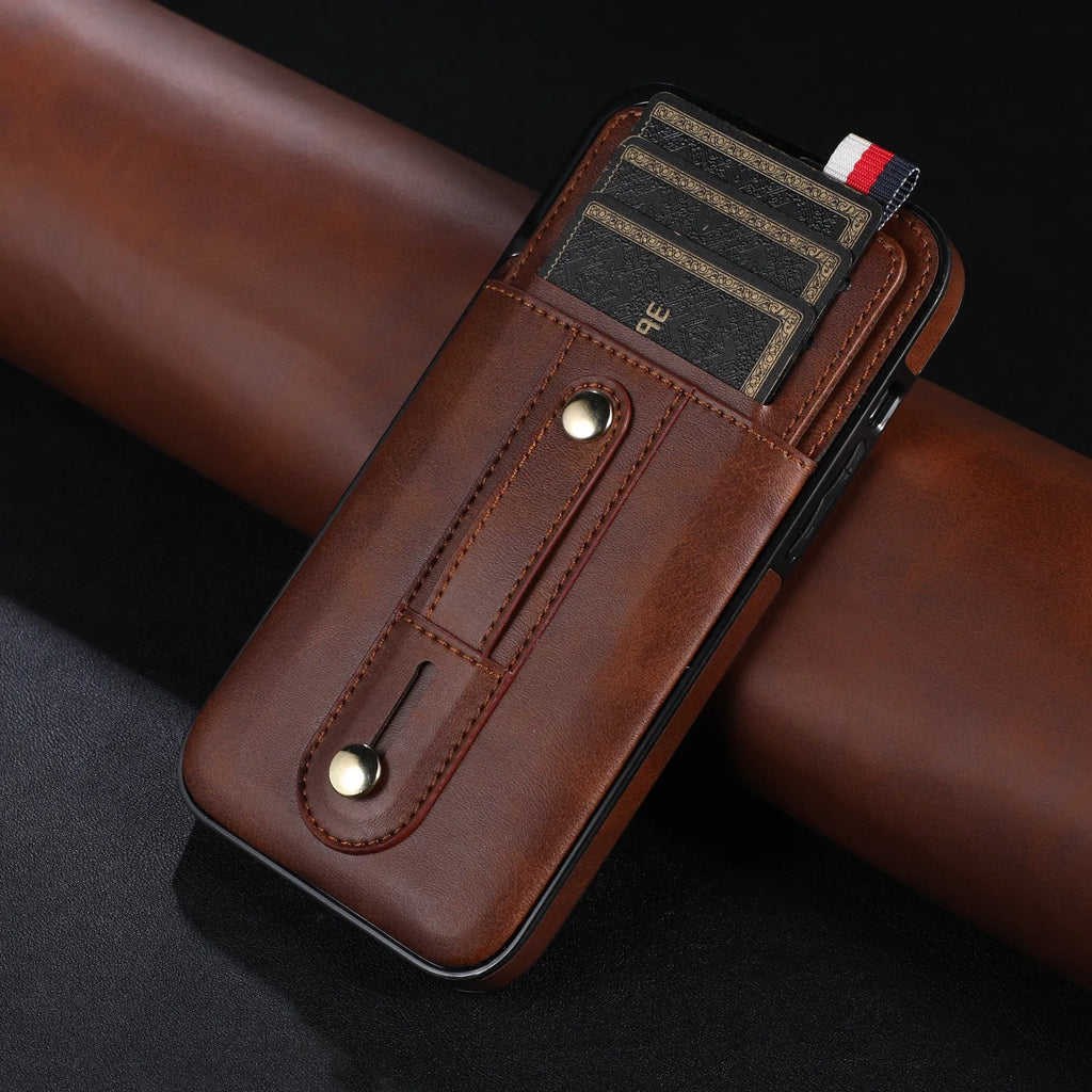 PU leather ring buckle card phone case for iPhone with bracket, showing card slot and ring grip on black back cover