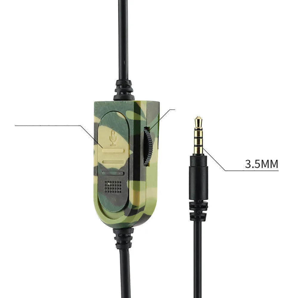 Army Green camouflage wired gaming headset with a flexible microphone and large black earcups on a grey background.
