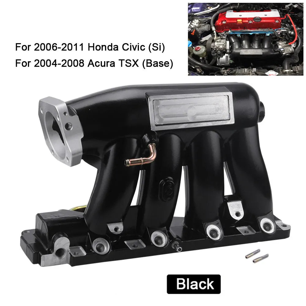 Cast aluminium intake manifold for Honda K series with 72mm throttle body opening, silver or black.