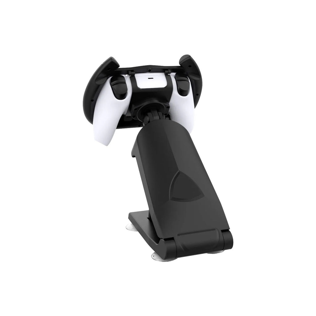 Black ABS plastic steering wheel bracket with suction cup for attaching a mobile phone to a gamepad.