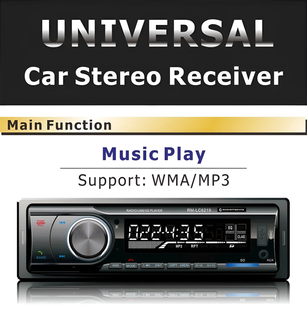 Car Bluetooth FM MP3 stereo receiver with USB and SD card slots on front panel