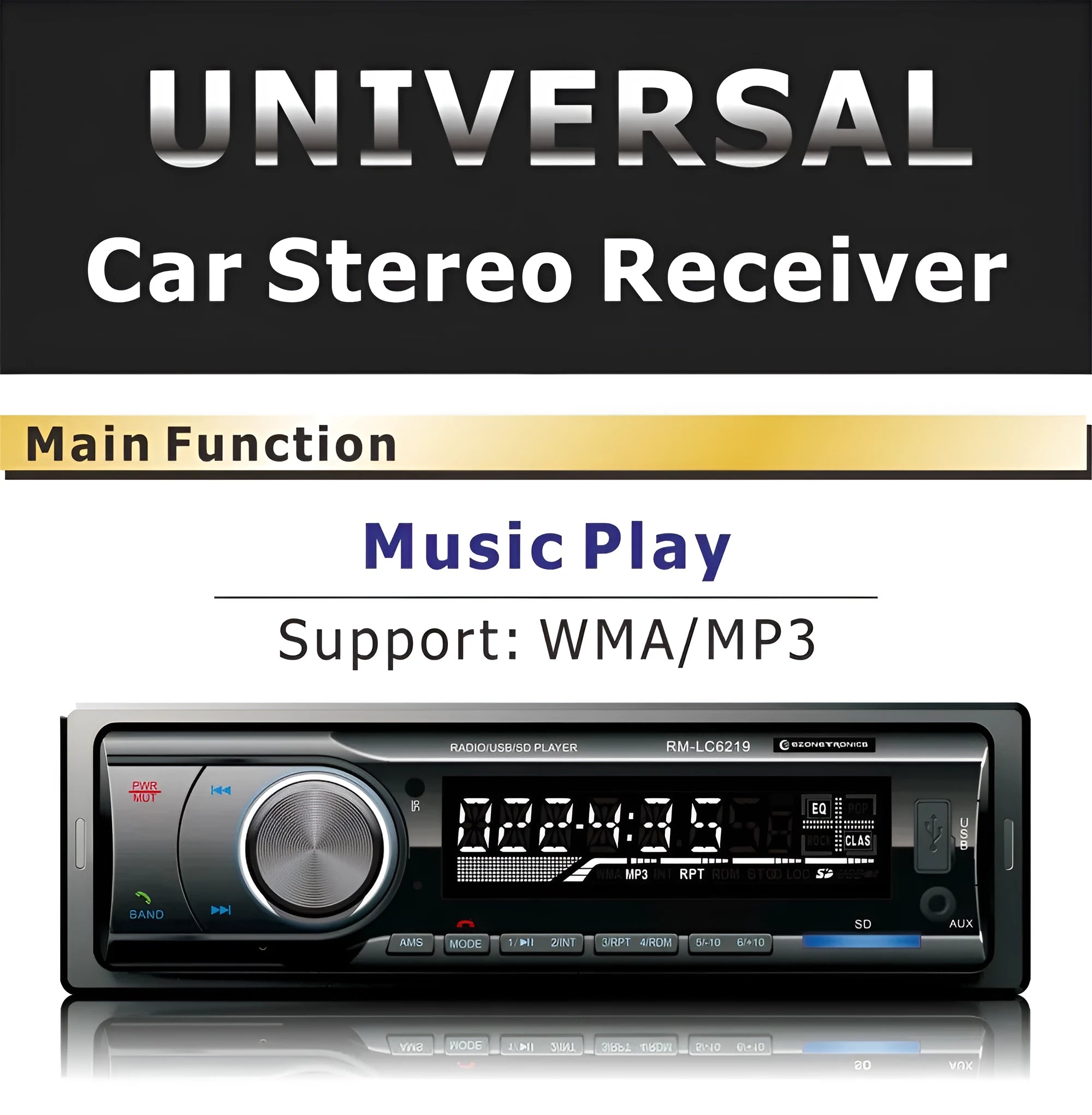 Car Bluetooth FM MP3 stereo receiver with USB and SD card slots on front panel