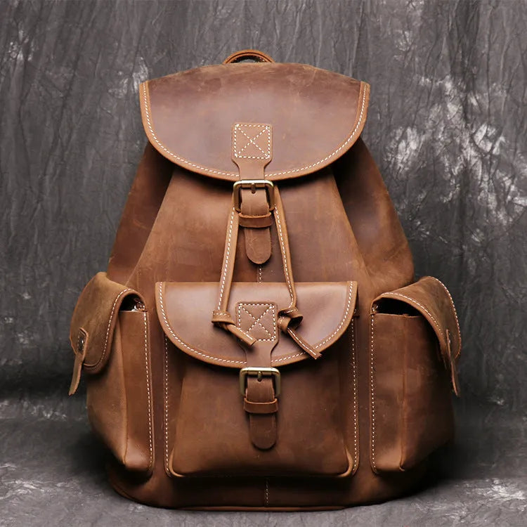 Women crazy horse leather backpack oval shape black brown drawstring buckle flap pockets first layer cowhide