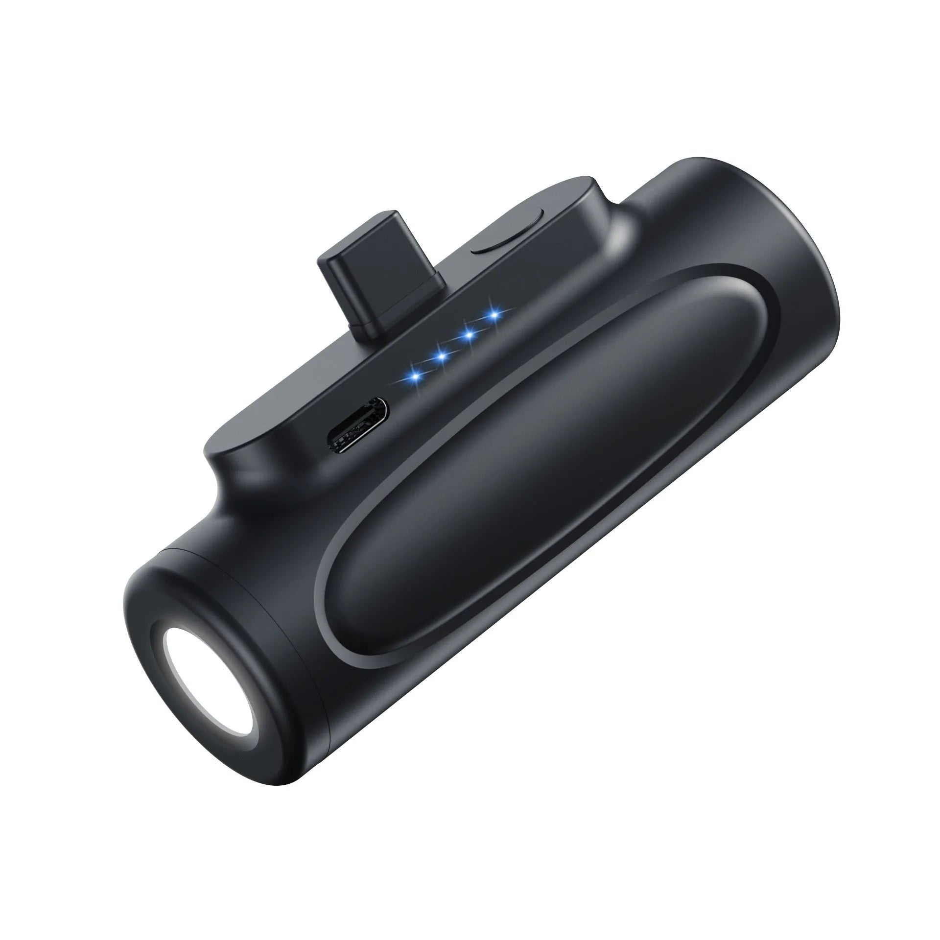Black Creative Power Bank Glare Flashlight showing USB-C port and LED torch, dimensions 83x27x41mm.