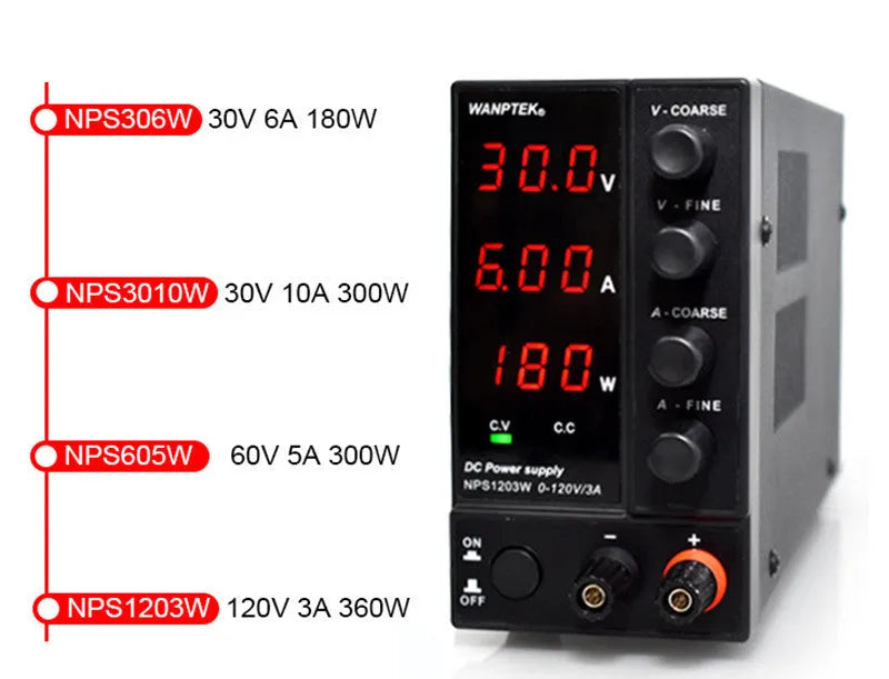 White adjustable DC power supply unit with digital display for electronics repair.