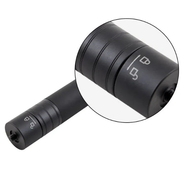 Black retractable aluminium selfie stick with phone clamp attached, shown extended and with a tripod mounted on its base.
