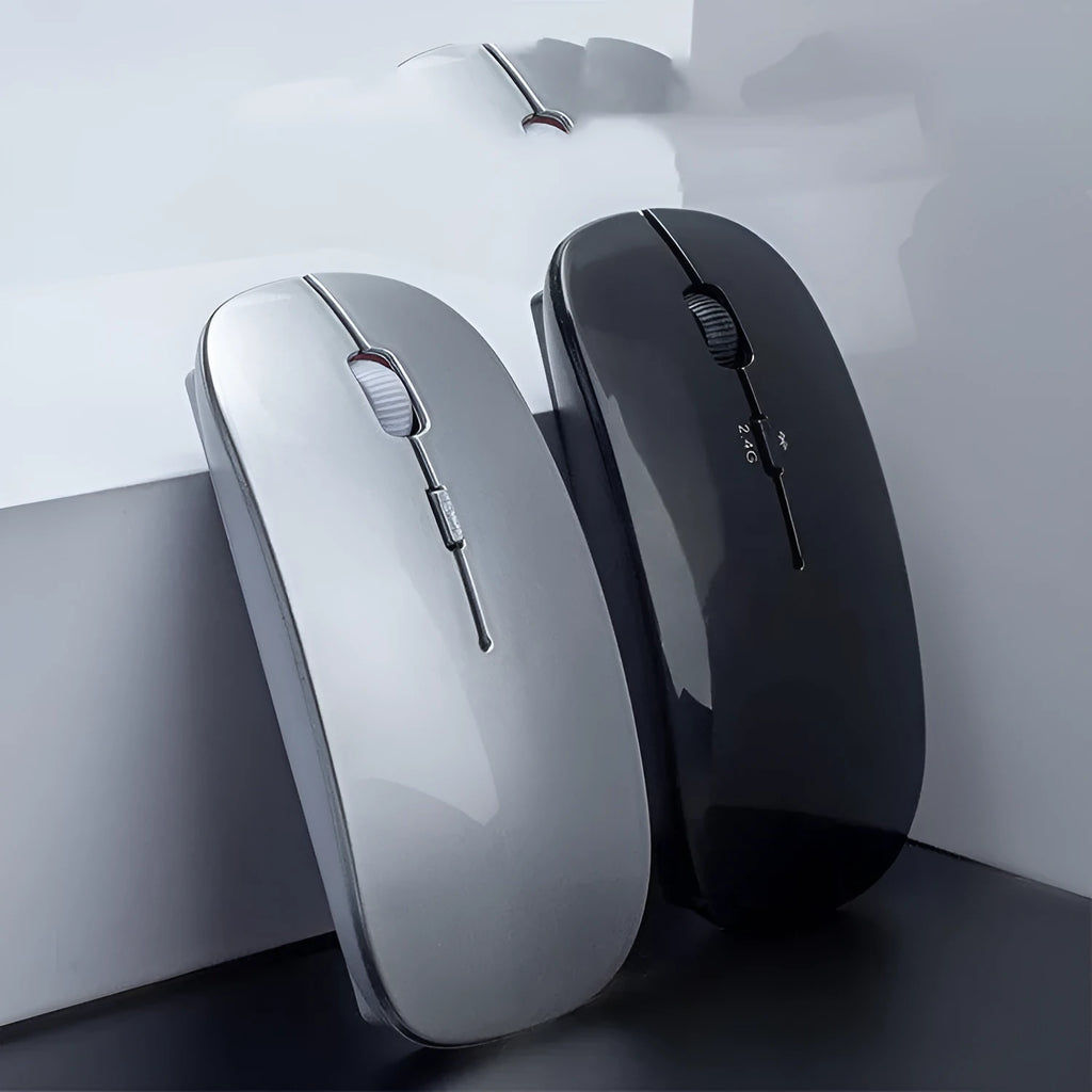 Wireless Bluetooth dual mode slim mouse with 1200 DPI sensor and four way roller in black side view