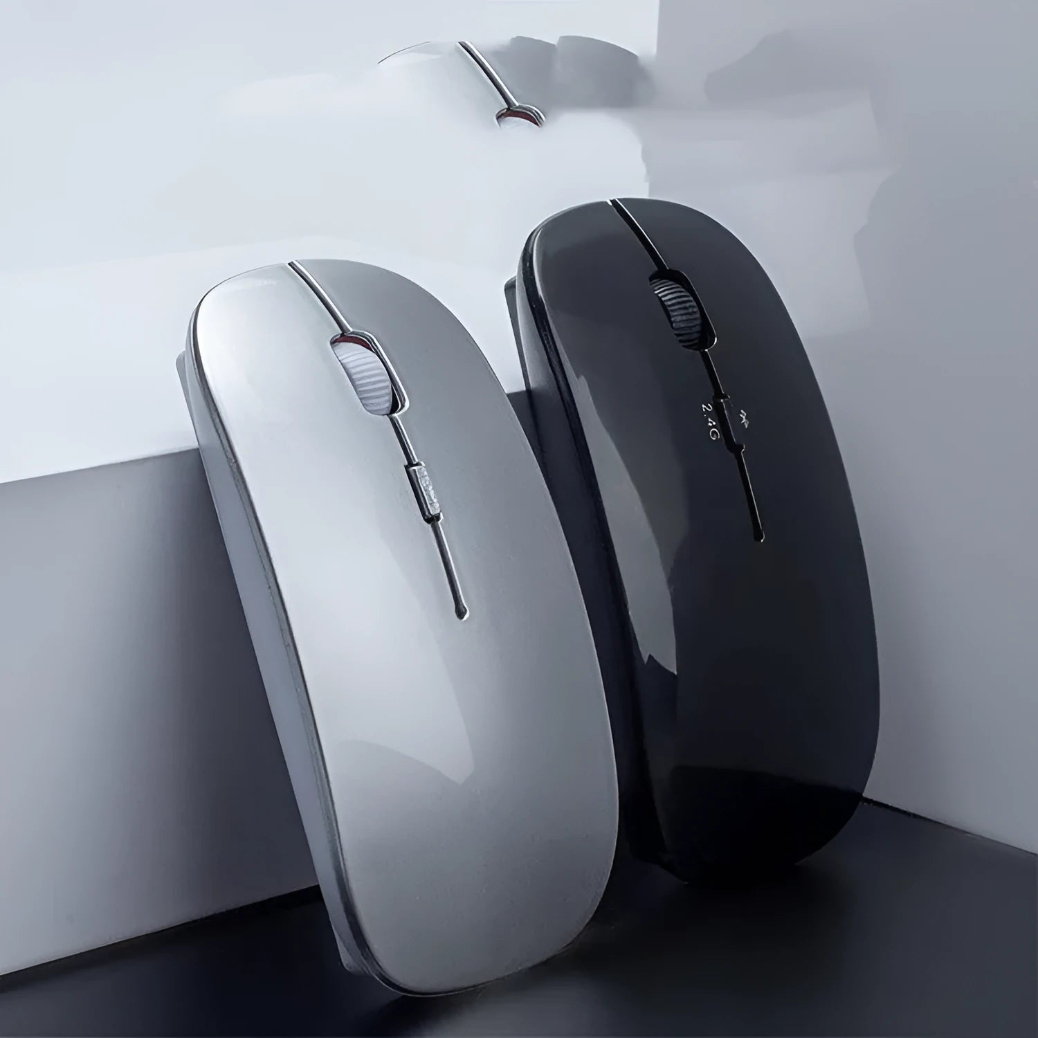 Wireless Bluetooth dual mode slim mouse with 1200 DPI sensor and four way roller in black side view
