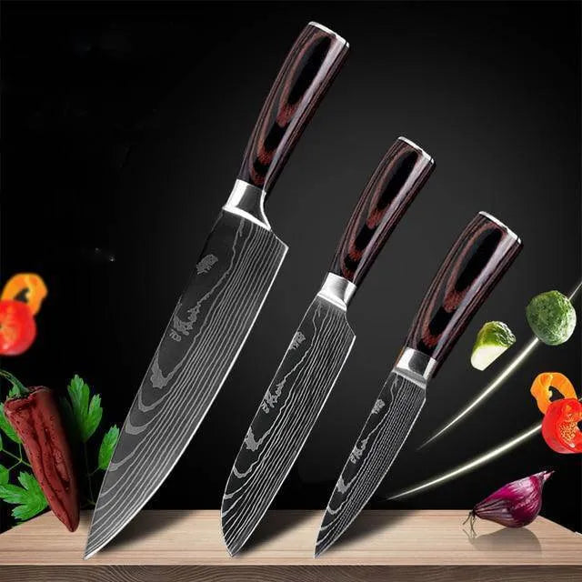 Carpenter's Special kitchen knife with laser Damascus pattern blade and coloured wood handle