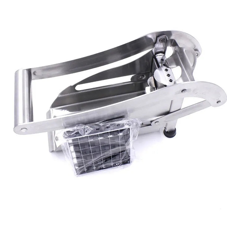 Potato cutter kitchen gadget with two stainless steel blades and non-slip rubber foot