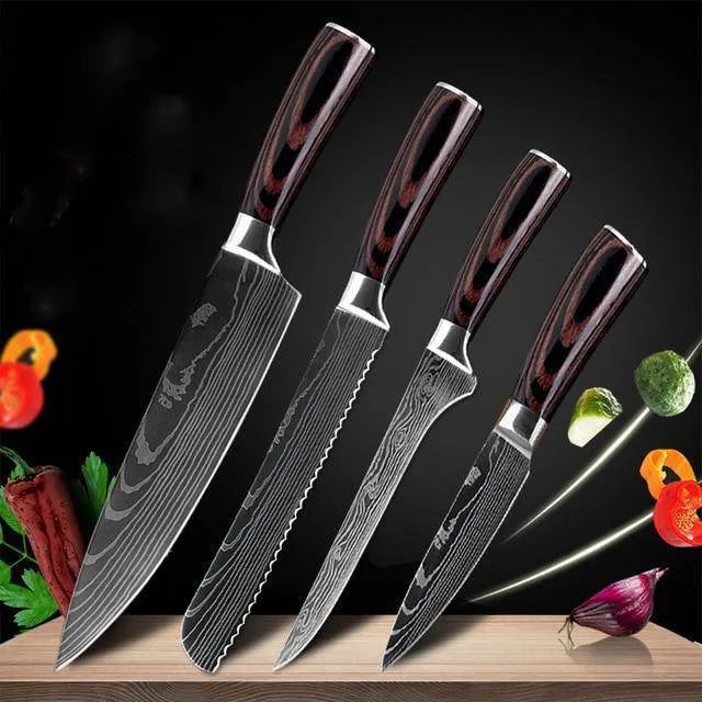 Carpenter's Special kitchen knife with laser Damascus pattern blade and coloured wood handle