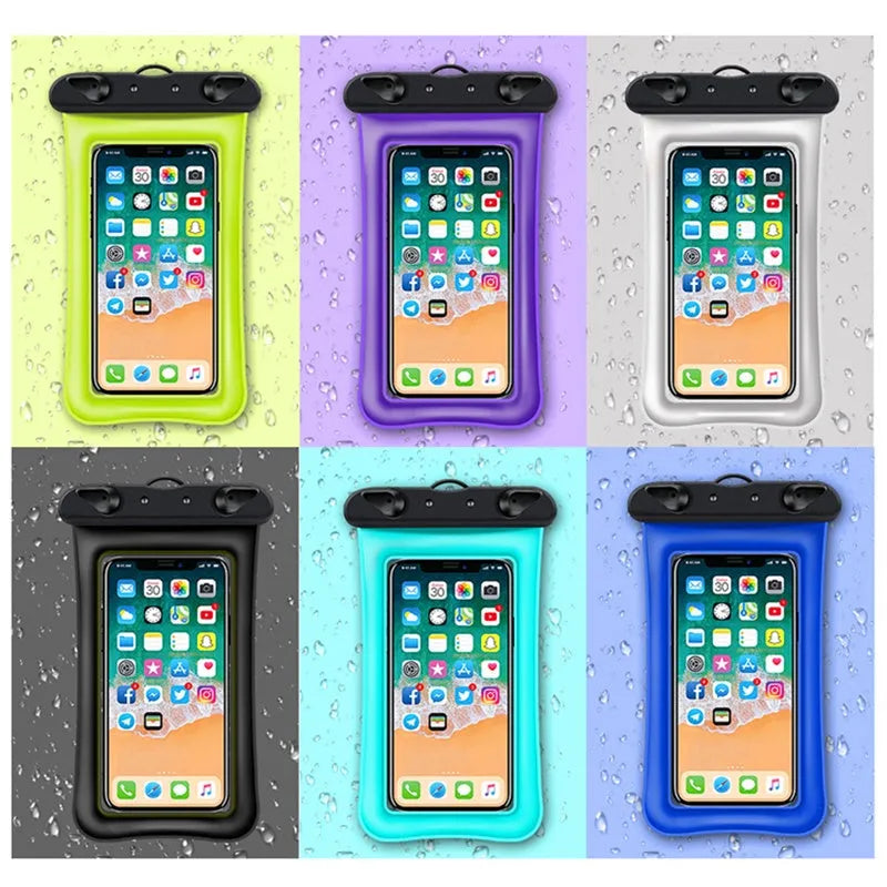 A waterproof PVC phone pouch with a lanyard, shown in orange.