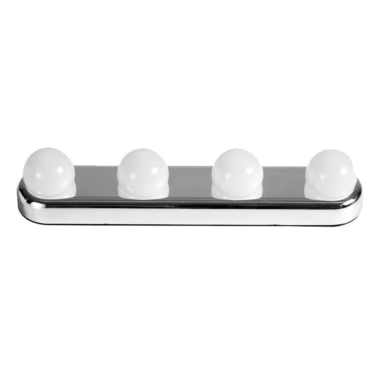 Four bulb round mirror headlight with suction cup mount on a bathroom mirror, ABS housing, cordless LED lamp