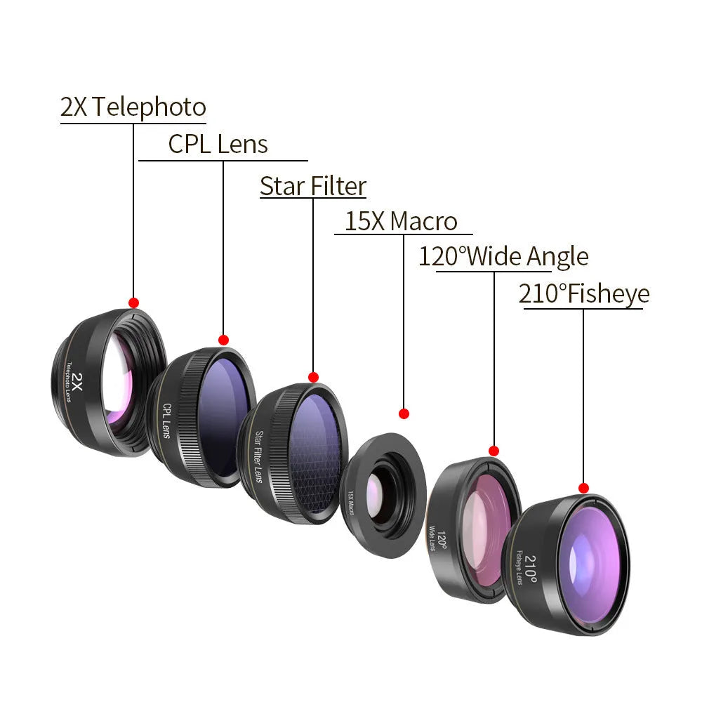 Black 6-in-1 smartphone camera lens kit with fisheye, wide-angle, macro, telephoto, CPL, and star filters next to universal clip.
