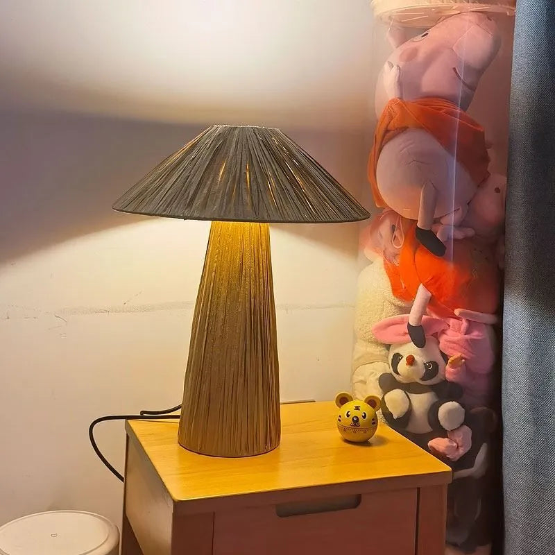 Japanese-style bamboo hat woven table lamp with 38cm diameter rope shade, warm light or tri-colour dimming options.