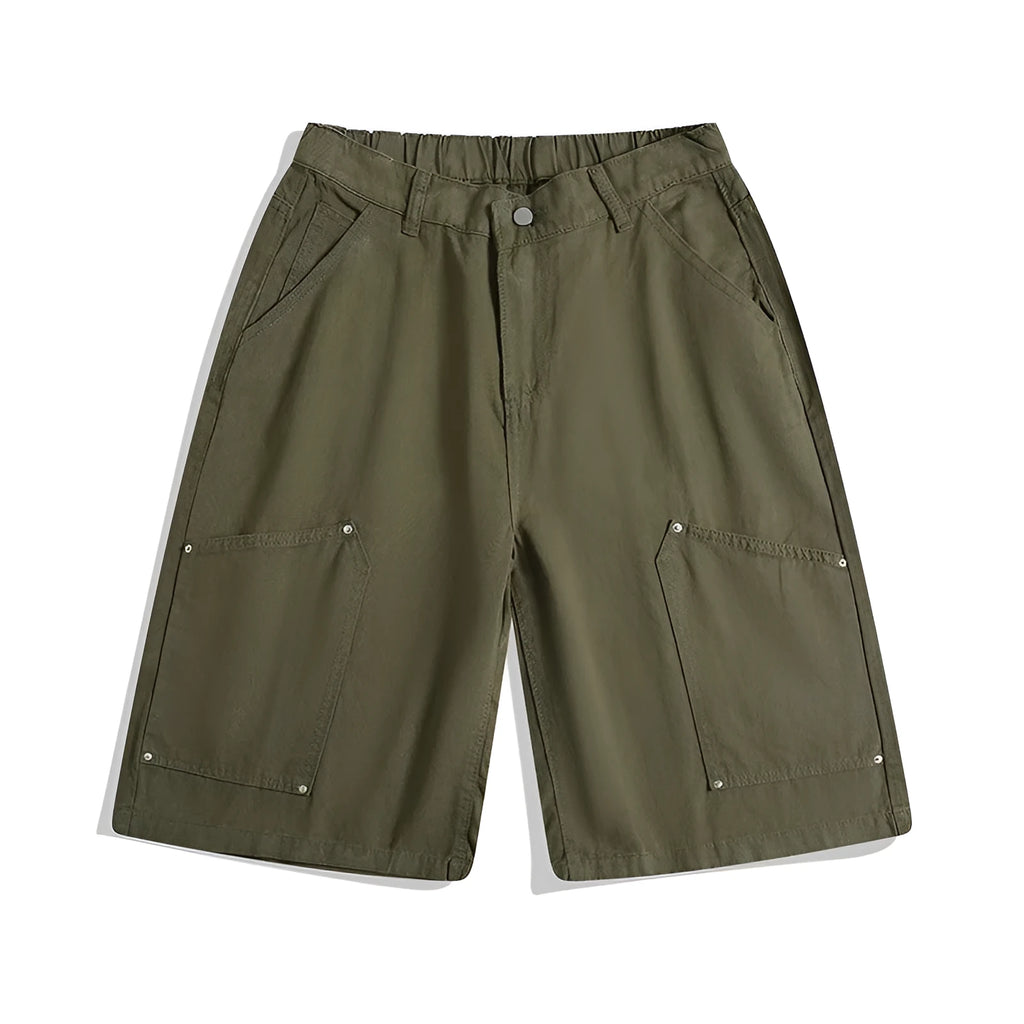 Workwear rivet cropped pants in wide-leg shorts style with mid waist and micro-elastic fabric