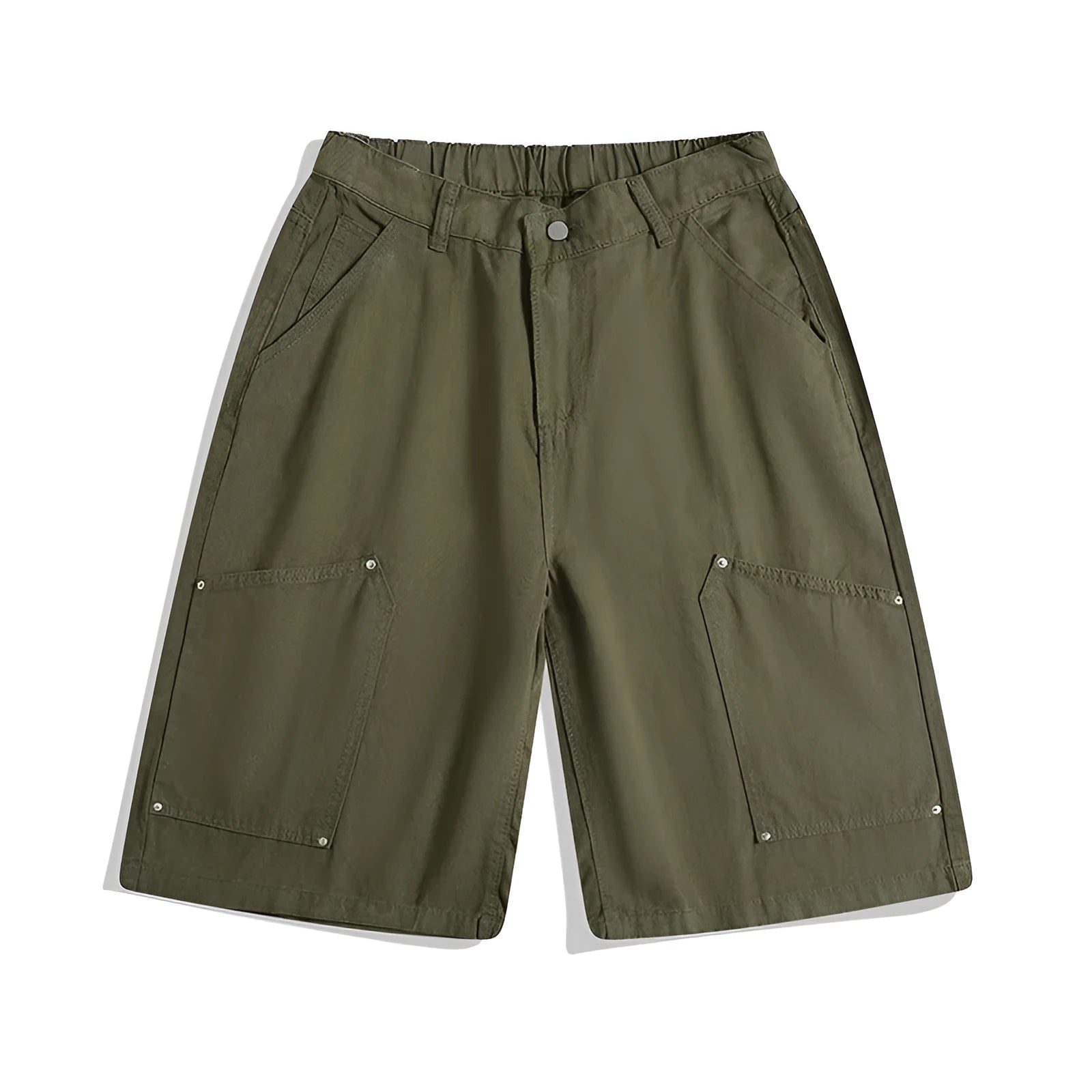 Workwear rivet cropped pants in wide-leg shorts style with mid waist and micro-elastic fabric