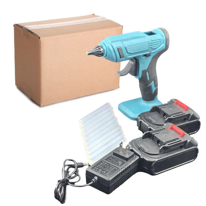 Handheld bare metal rechargeable hot melt glue gun with battery, charger, and glue sticks.