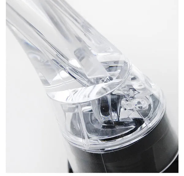 A clear acrylic wine aerator with a stainless steel filter, measuring 16cm long.