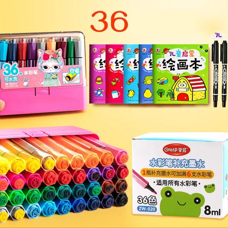 Children's washable painting brushes with hexagonal handles in blue, pink and yellow colours