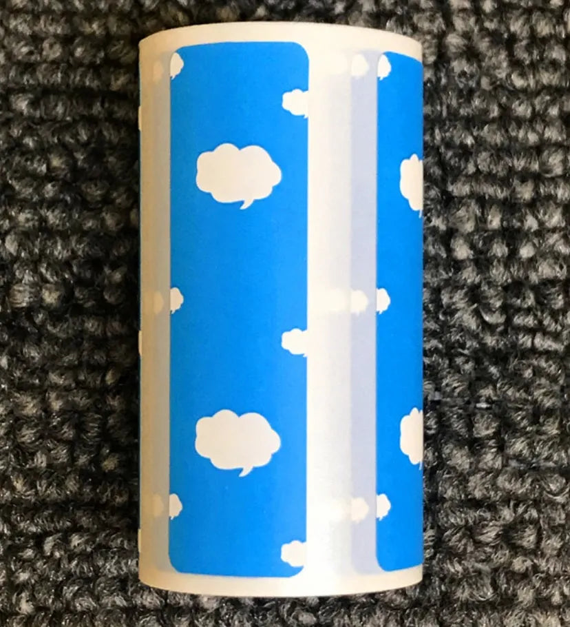 PerPage mini thermal printer paper rolls in regular, sticker, and label types with blue, pink, white, violet, and yellow options