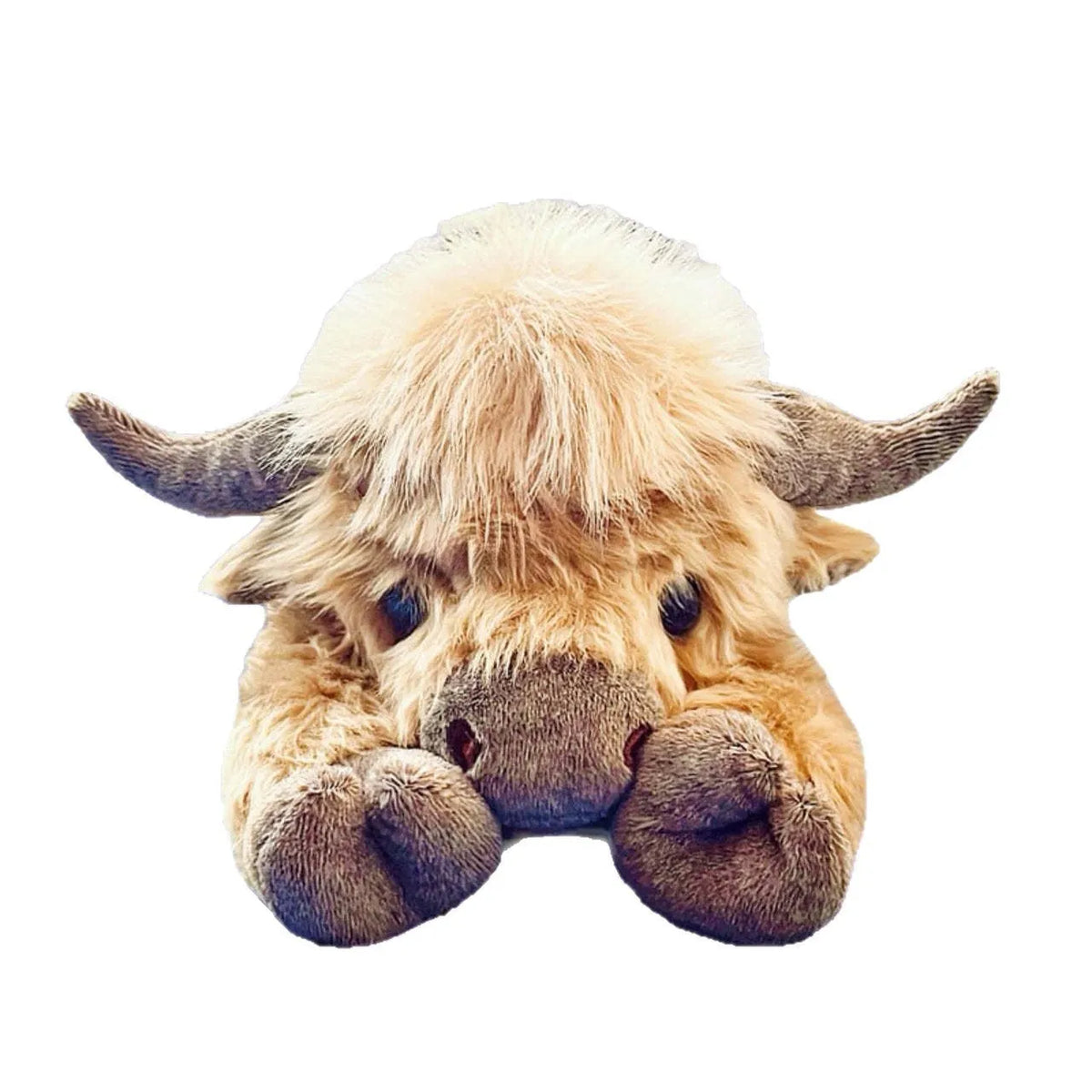 Highland cow plush toy in short plush, 35cm x 15cm x 13cm, American style 3D printed decoration.
