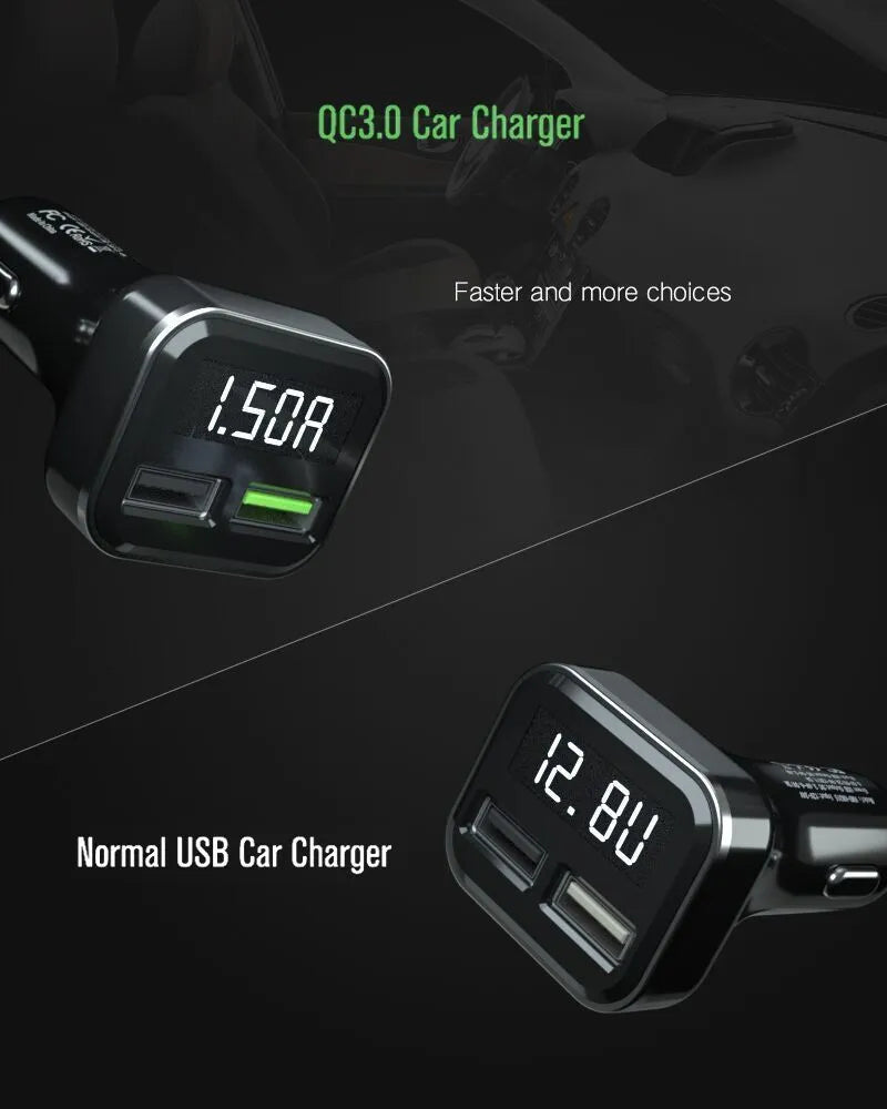 Black dual USB car charger with LCD screen displaying voltage, plugged into a car dashboard socket.