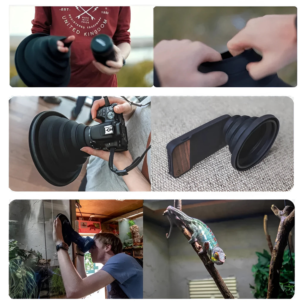 Black conical silicone lens hood for cameras to block glare during window photography