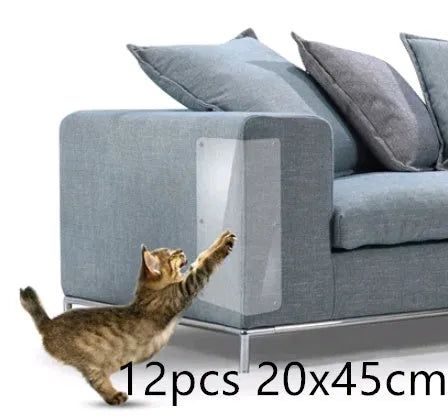 Two transparent PVC self-adhesive cat claw protector pads on a leather sofa arm, each 47x15cm