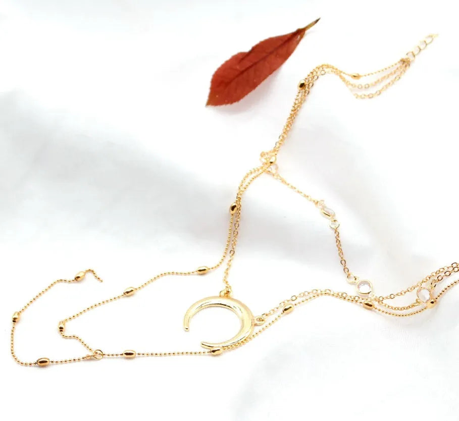 Fashion multilayer crescent moon choker necklace with bead chain initial pendant in gold finish