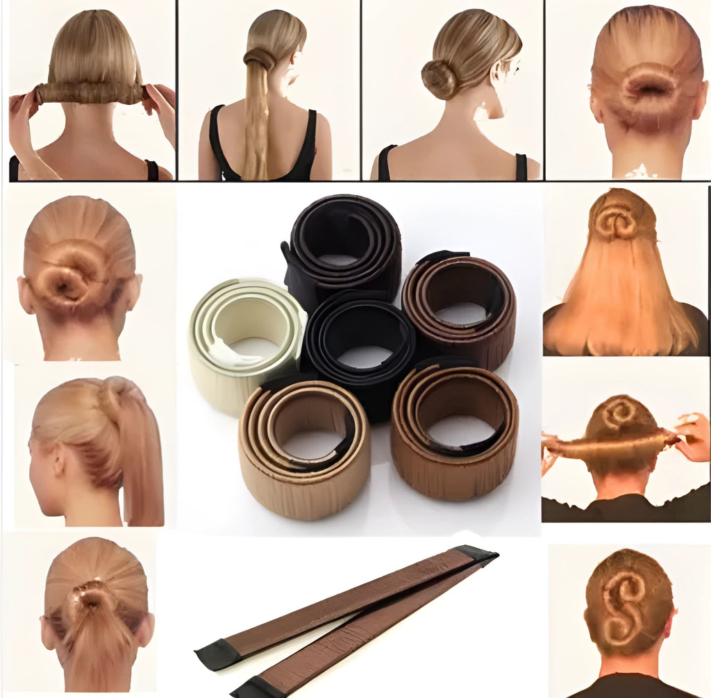 Magic French Twist hair bun maker in beige on a white background showing folded and unfolded positions
