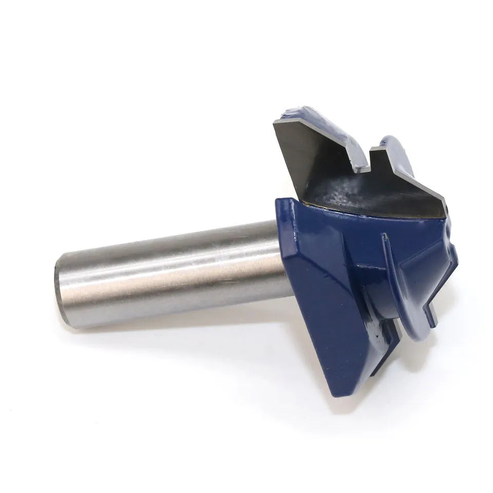 Blue-tipped half-inch woodworking tenon cutter with 45-degree angle in plastic storage box