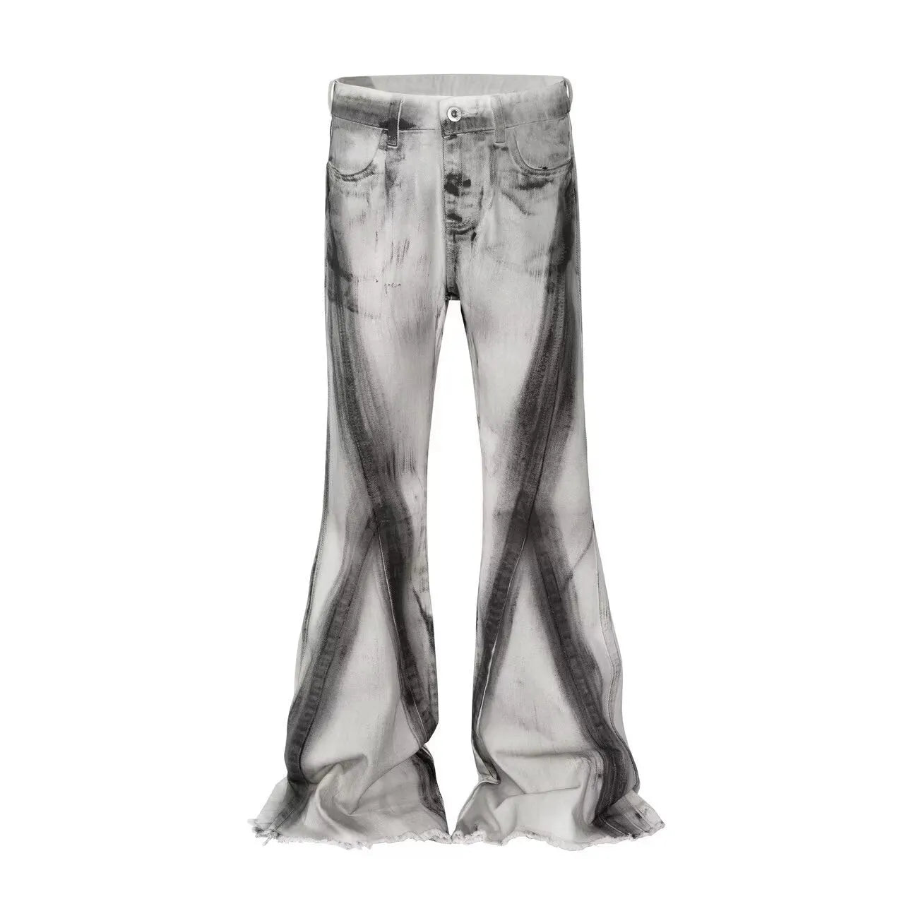 White retro-style selvedge denim jeans with a black ribbon gradient detail on the leg.