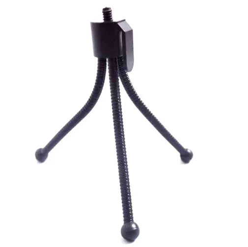 Small black iron frame mini tripod with ball head, shown extended next to a smartphone for scale.