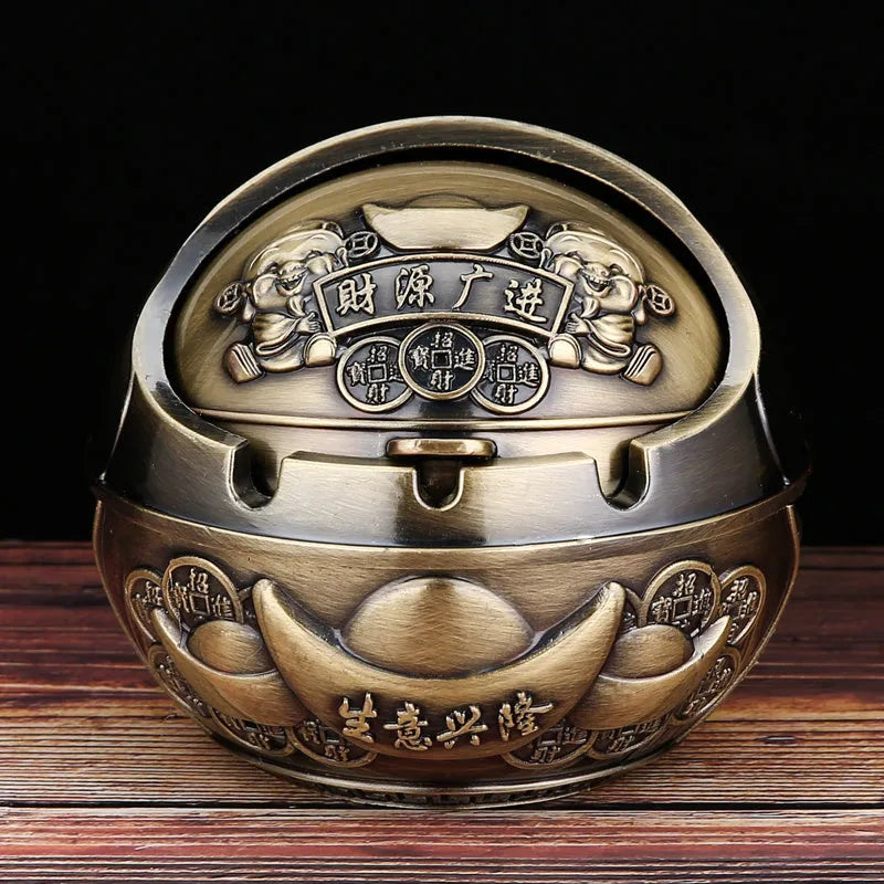 Creative bronze and red copper alloy ashtray with smoke extinguishing slot in various decorative styles.